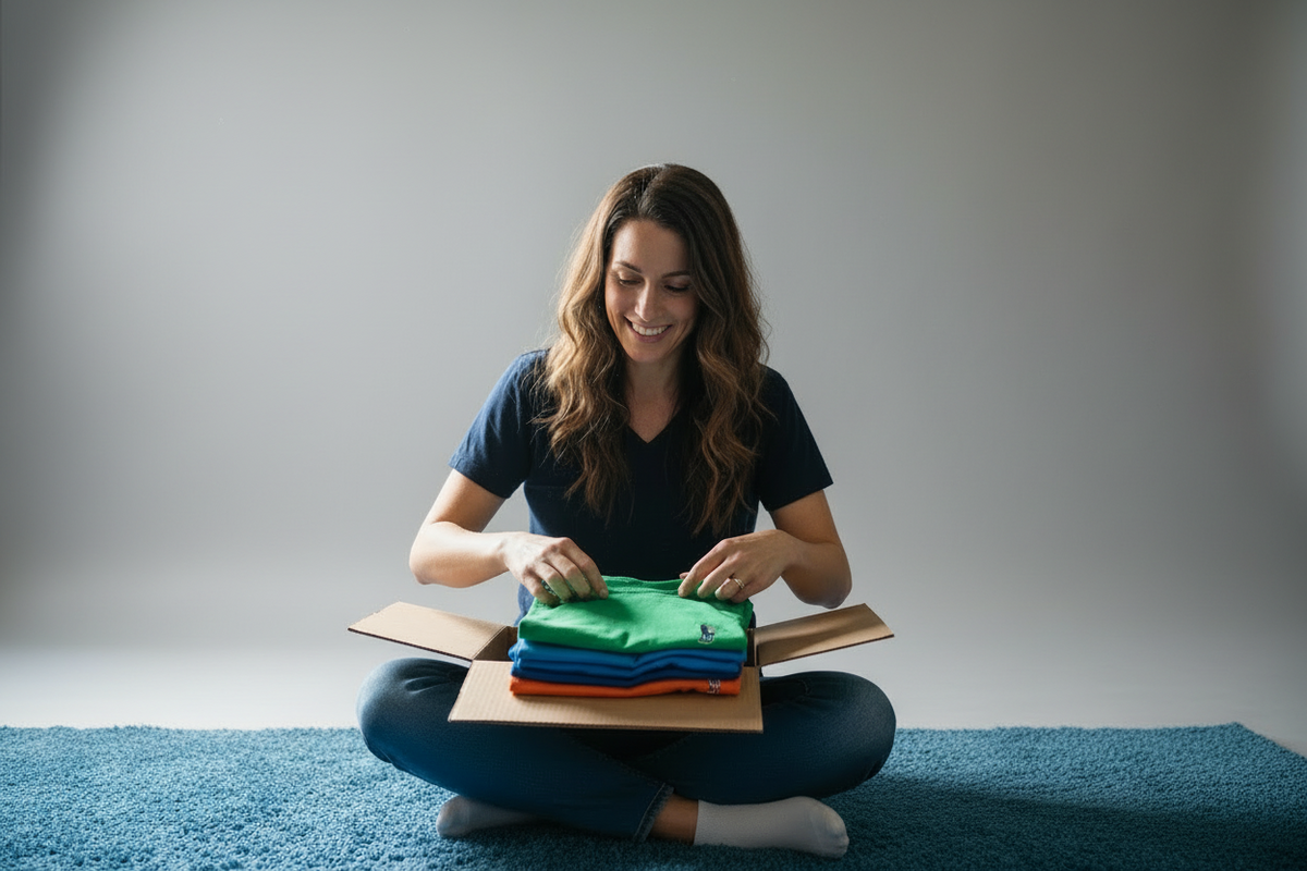 The focus is on the lady unboxing shirts. A woman sits cross-legged on a blue carpet in a child's bedroom, folding a stack of colorful t-shirts from a cardboard box. The shirts have a small " theme day ready" logo on them. A boys bed with  dark blue bedding is in the background. The walls are plain. 